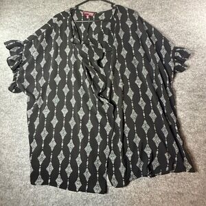 Downing Studio Womens 2X Black White‎ Geometric Diamond Ruffle Sleeve Cardigan